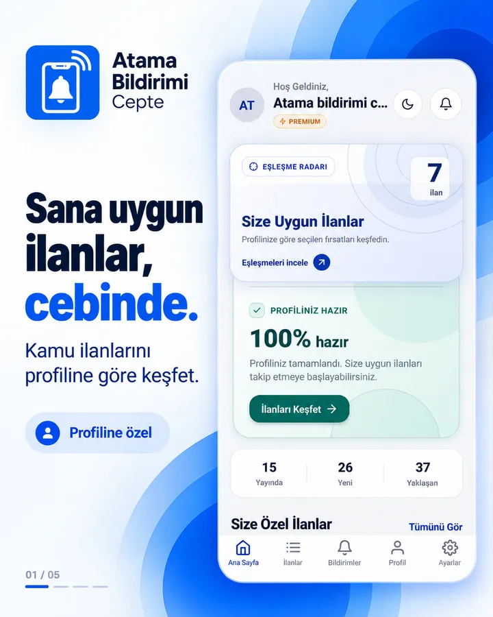 Ana sayfa ekranı: “Sana uygun ilanlar, cebinde.” Eşleşme radarı yedi ilan gösteriyor.