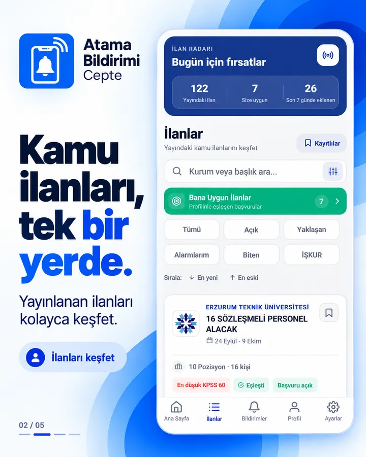 İlanlar ekranı: “Kamu ilanları, tek bir yerde.” Arama, süzgeçler ve eşleşen bir ilan.